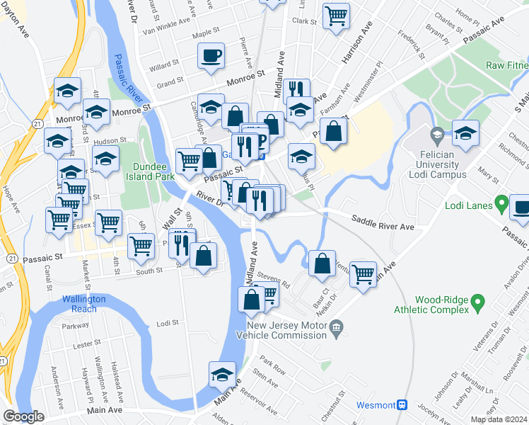 map of restaurants, bars, coffee shops, grocery stores, and more near 7 Palisade Avenue in Garfield