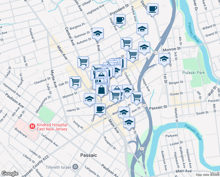 map of restaurants, bars, coffee shops, grocery stores, and more near 279 Monroe Street in Passaic