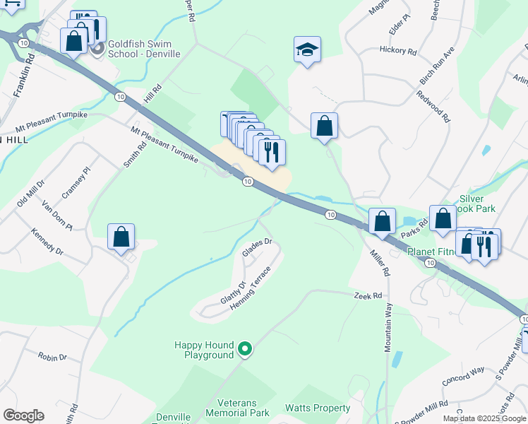 map of restaurants, bars, coffee shops, grocery stores, and more near 3055 New Jersey 10 in Denville