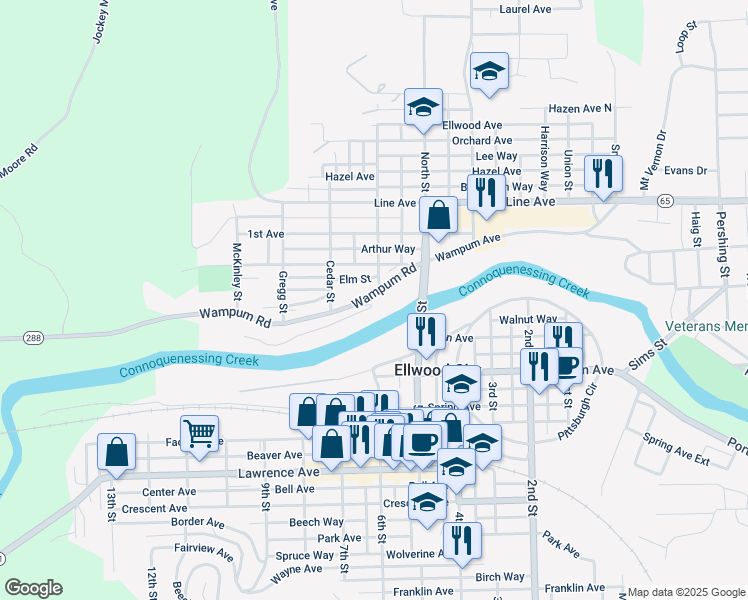 map of restaurants, bars, coffee shops, grocery stores, and more near 598 Pennsylvania 288 in Ellwood City