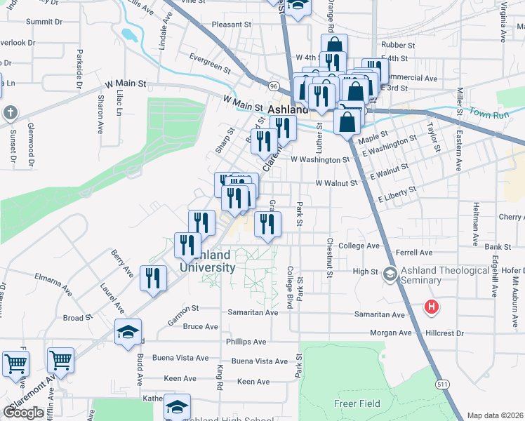 map of restaurants, bars, coffee shops, grocery stores, and more near 420 West Liberty Street in Ashland
