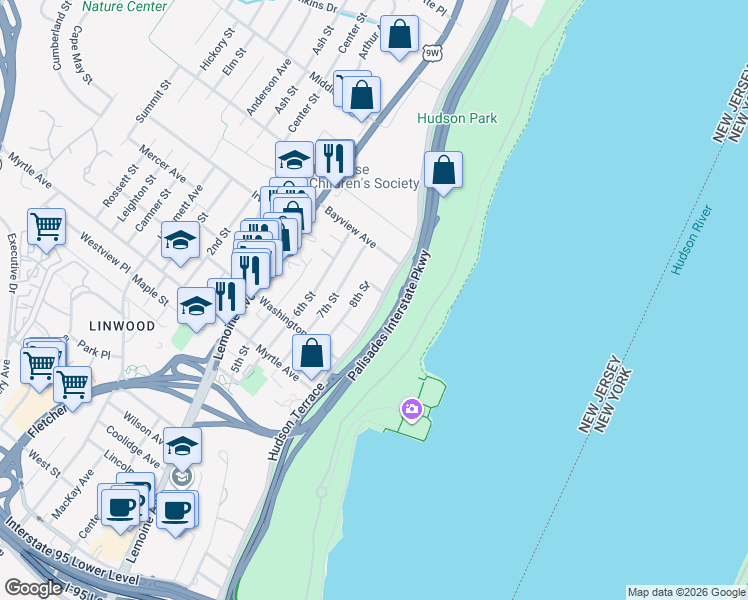 map of restaurants, bars, coffee shops, grocery stores, and more near 15 8th Street in Englewood Cliffs