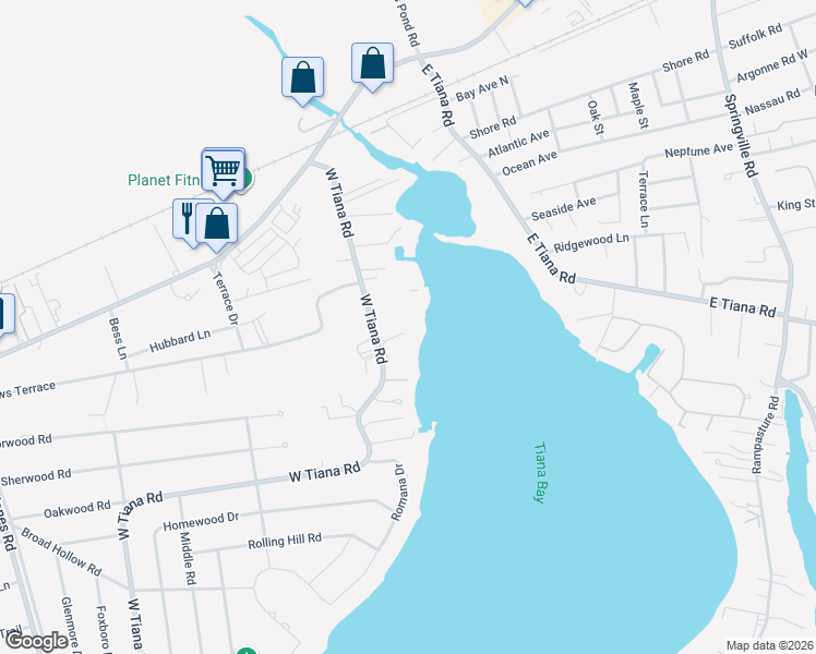 map of restaurants, bars, coffee shops, grocery stores, and more near 61 West Tiana Road in Hampton Bays