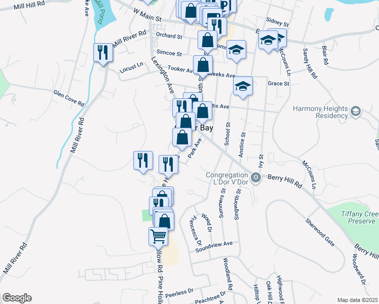 map of restaurants, bars, coffee shops, grocery stores, and more near 46 Park Avenue in Oyster Bay