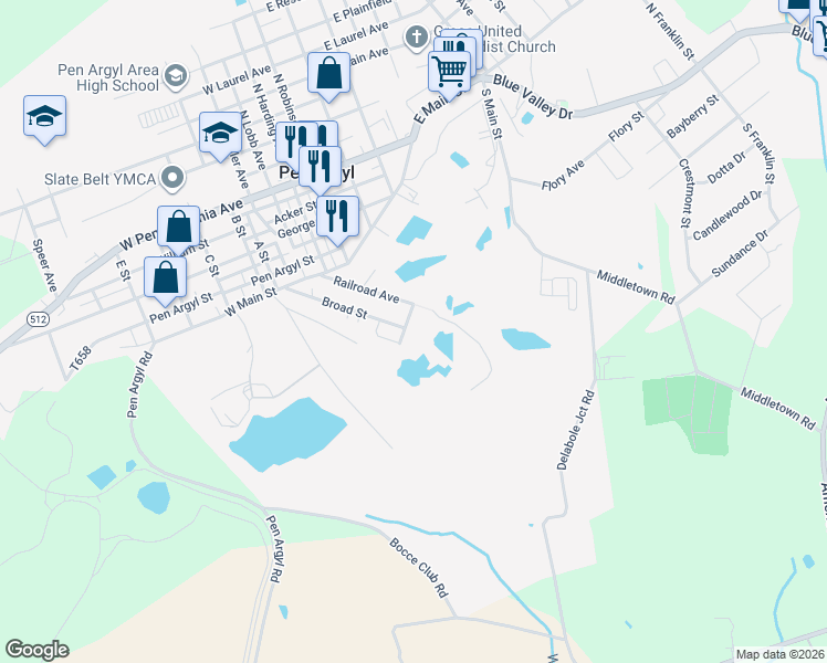 map of restaurants, bars, coffee shops, grocery stores, and more near 204 Chestnut Street in Pen Argyl