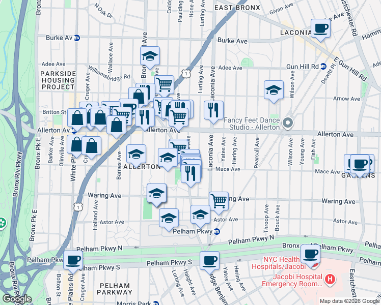 map of restaurants, bars, coffee shops, grocery stores, and more near 2534 Hone Avenue in The Bronx