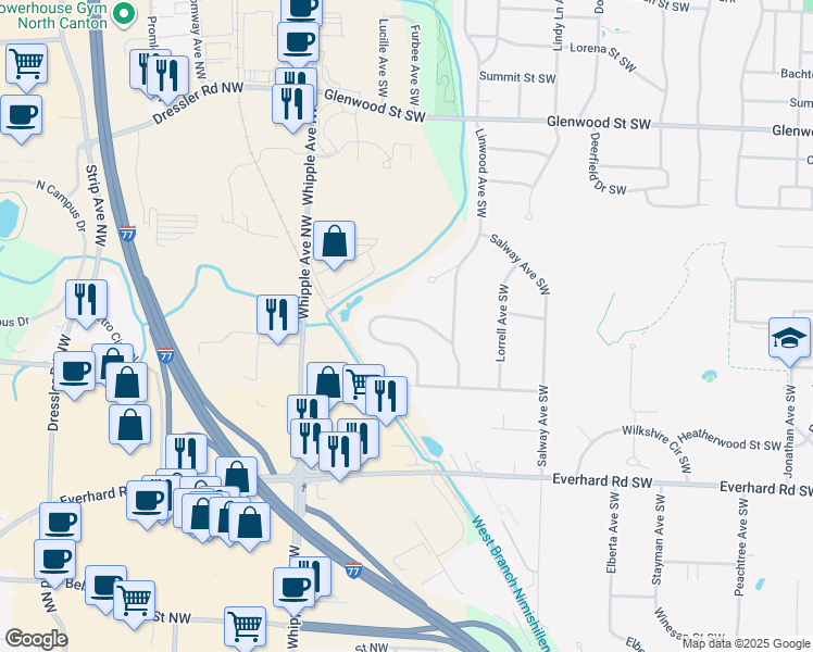 map of restaurants, bars, coffee shops, grocery stores, and more near 3915 Thunderbird Circle Northwest in North Canton