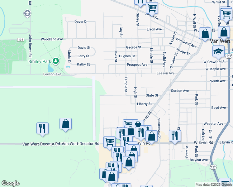 map of restaurants, bars, coffee shops, grocery stores, and more near 825 State Street in Van Wert