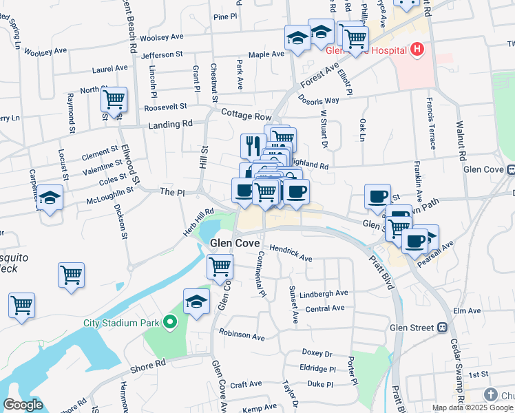 map of restaurants, bars, coffee shops, grocery stores, and more near 24 Bridge Street in Glen Cove