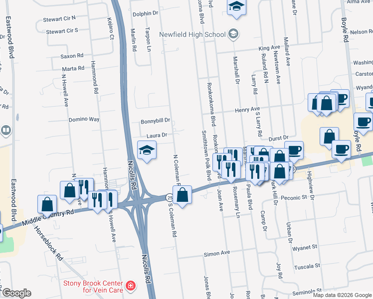 map of restaurants, bars, coffee shops, grocery stores, and more near 35 North Coleman Road in Centereach