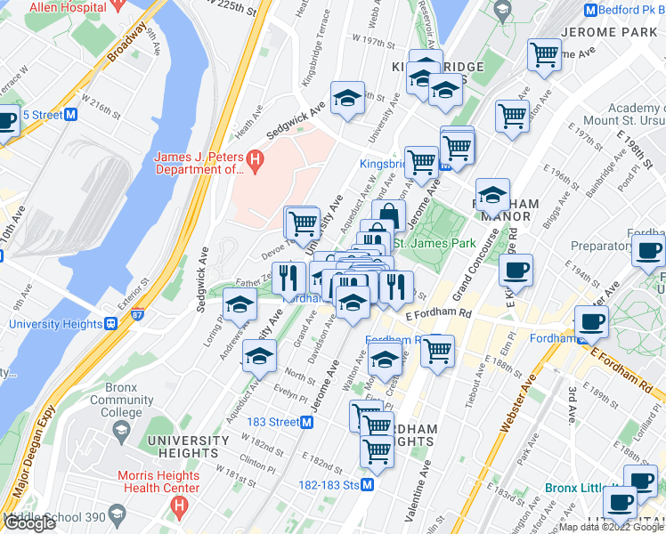 map of restaurants, bars, coffee shops, grocery stores, and more near 30 West 190th Street in Bronx