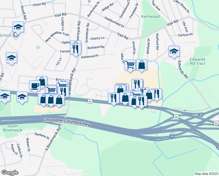 map of restaurants, bars, coffee shops, grocery stores, and more near 32 Gordon Circle in Parsippany-Troy Hills