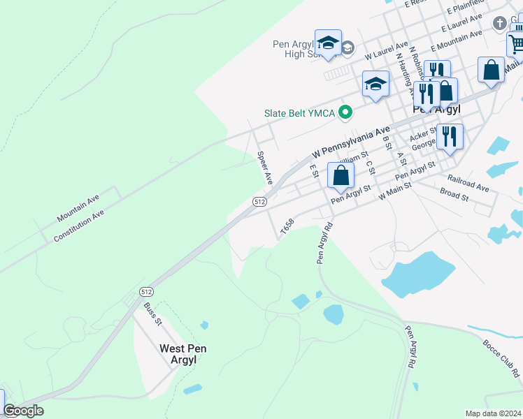 map of restaurants, bars, coffee shops, grocery stores, and more near 935 George Street in Pen Argyl