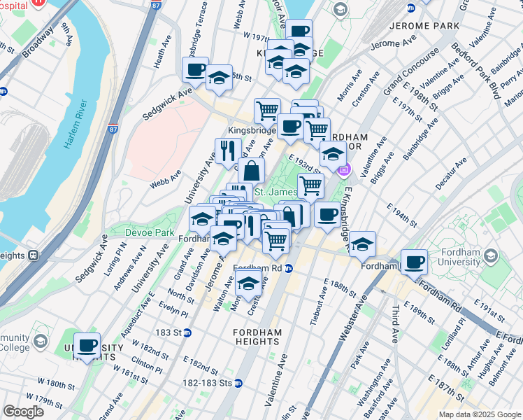 map of restaurants, bars, coffee shops, grocery stores, and more near 2530 Jerome Avenue in The Bronx