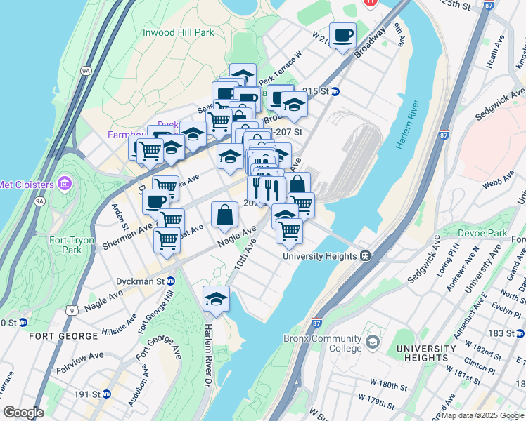 map of restaurants, bars, coffee shops, grocery stores, and more near 119 Post Avenue in New York