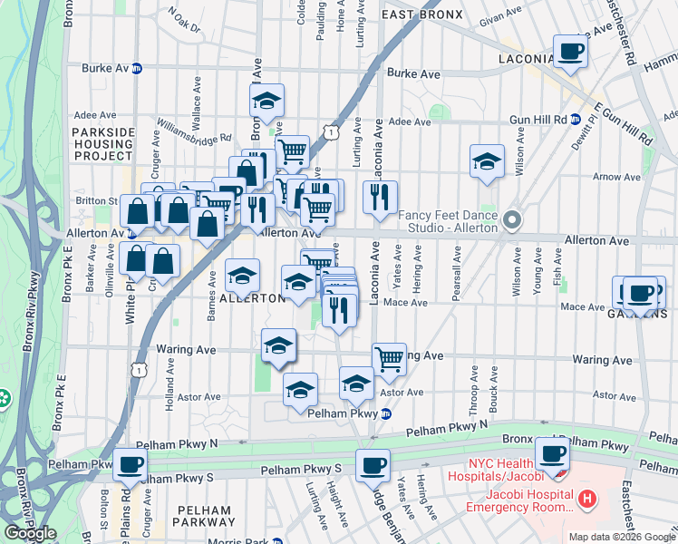 map of restaurants, bars, coffee shops, grocery stores, and more near 2534 Hone Avenue in The Bronx