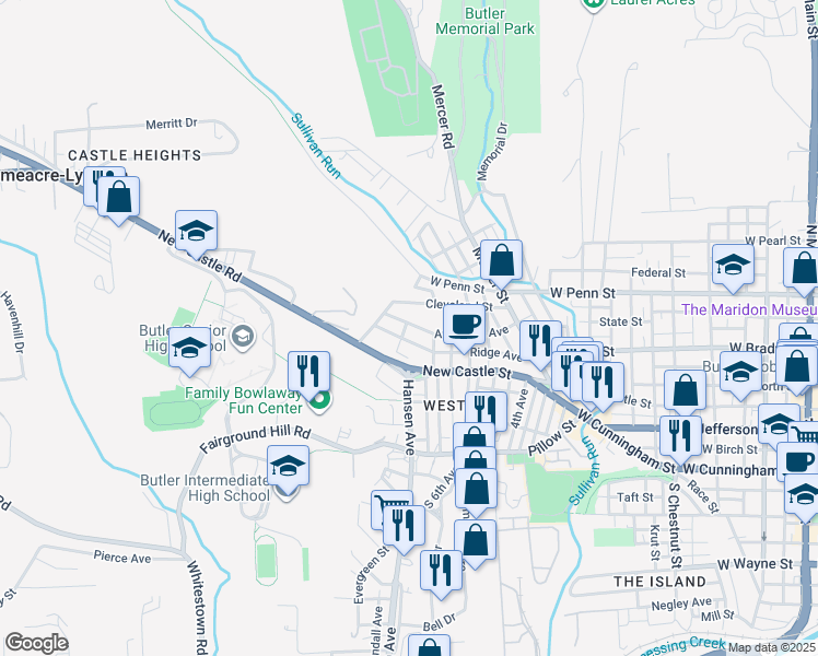 map of restaurants, bars, coffee shops, grocery stores, and more near 318 American Avenue in Butler