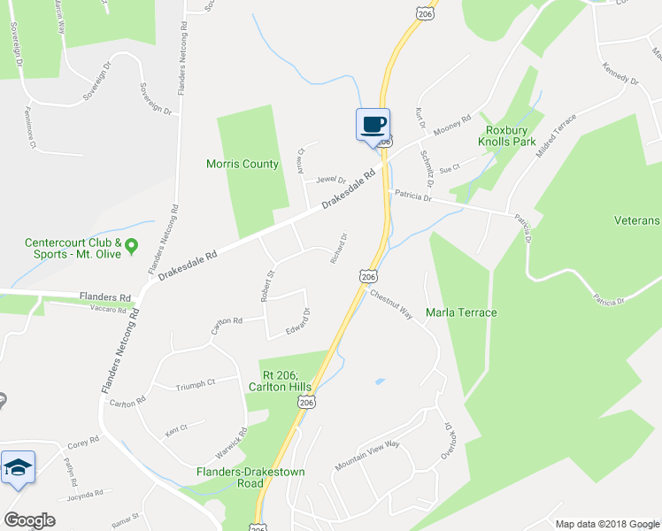 map of restaurants, bars, coffee shops, grocery stores, and more near 13 Richard Drive in Mount Olive Township
