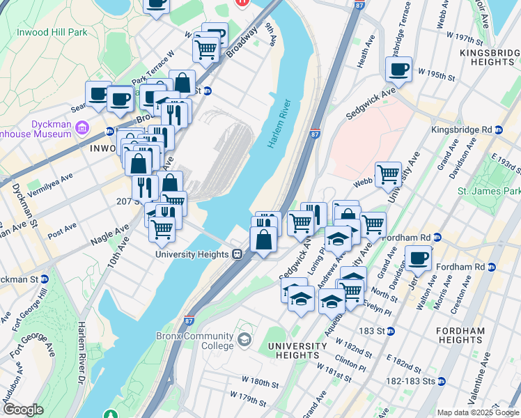 map of restaurants, bars, coffee shops, grocery stores, and more near 301 West Fordham Road in Bronx