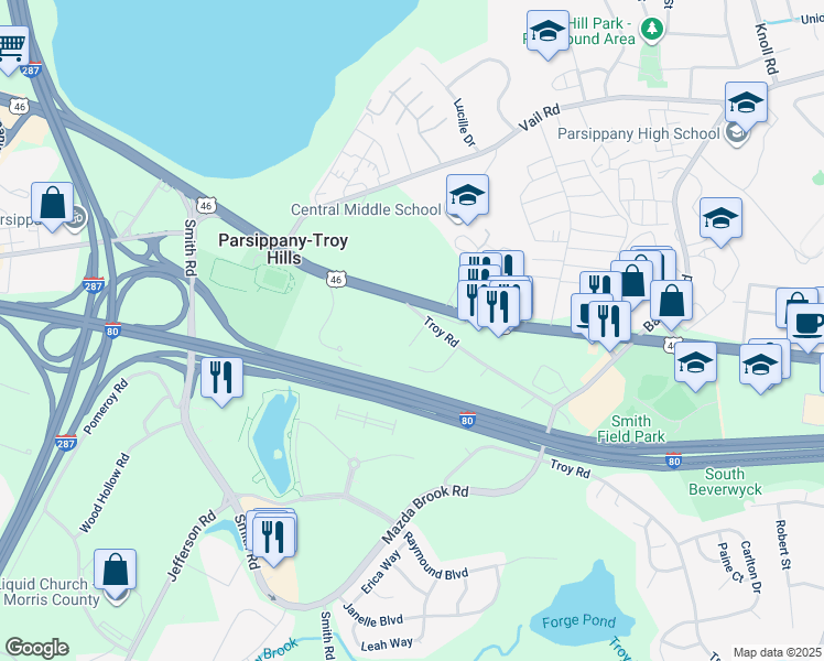 map of restaurants, bars, coffee shops, grocery stores, and more near 29 Troy Road in Parsippany-Troy Hills