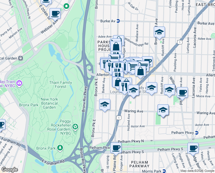 map of restaurants, bars, coffee shops, grocery stores, and more near 2540 Barker Avenue in Bronx