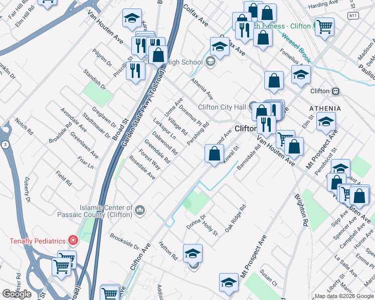 map of restaurants, bars, coffee shops, grocery stores, and more near 88 Pershing Road in Clifton