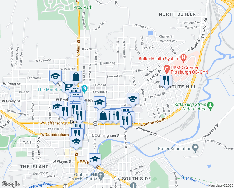 map of restaurants, bars, coffee shops, grocery stores, and more near 214 North Elm Street in Butler