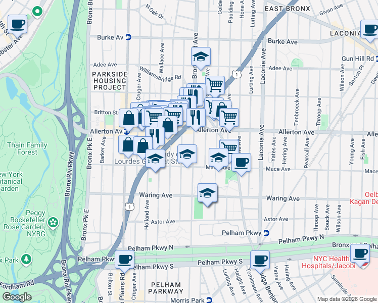 map of restaurants, bars, coffee shops, grocery stores, and more near 2531 Bronxwood Avenue in Bronx