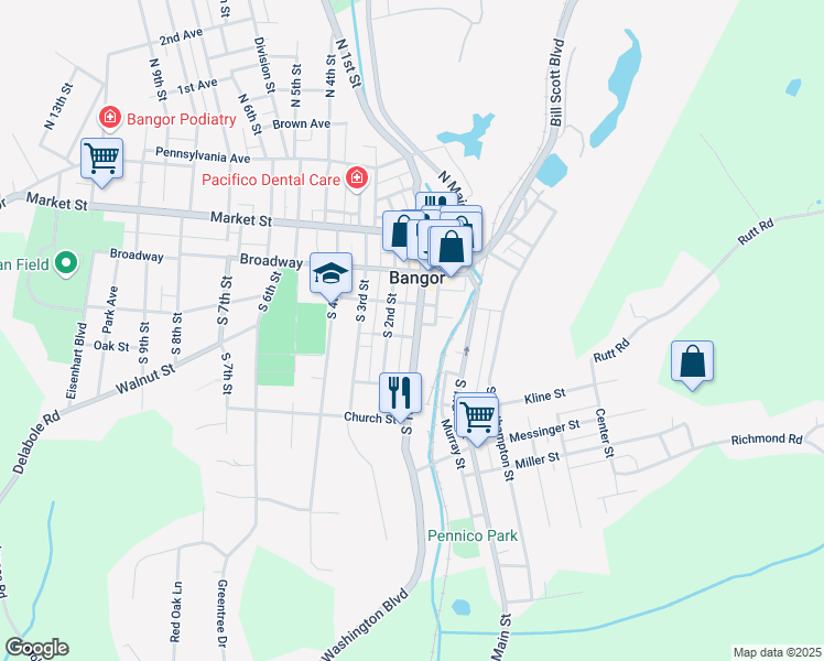 map of restaurants, bars, coffee shops, grocery stores, and more near 238 South 1st Street in Bangor