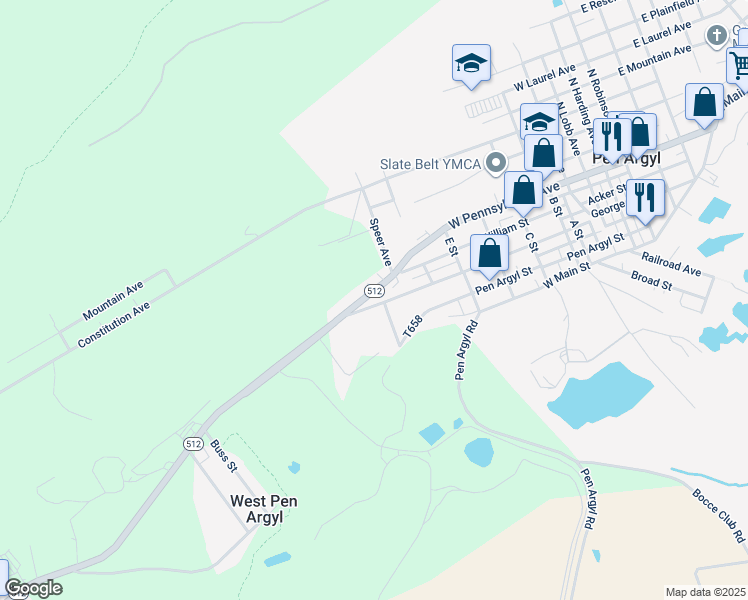 map of restaurants, bars, coffee shops, grocery stores, and more near 929 George Street in Pen Argyl