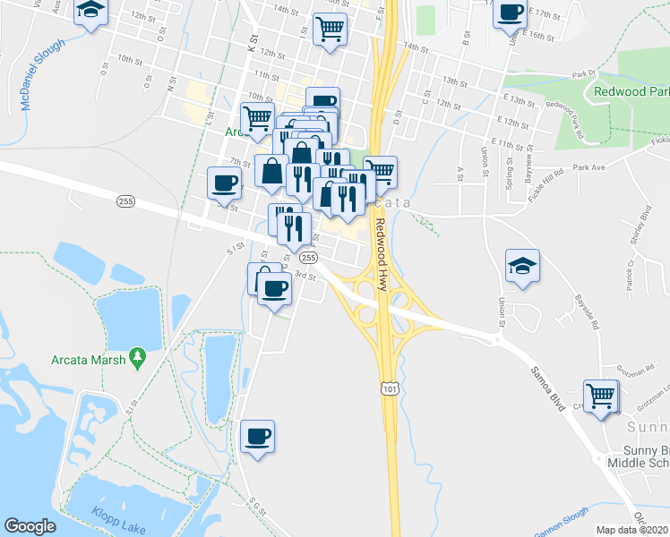 map of restaurants, bars, coffee shops, grocery stores, and more near 452 4th Street in Arcata