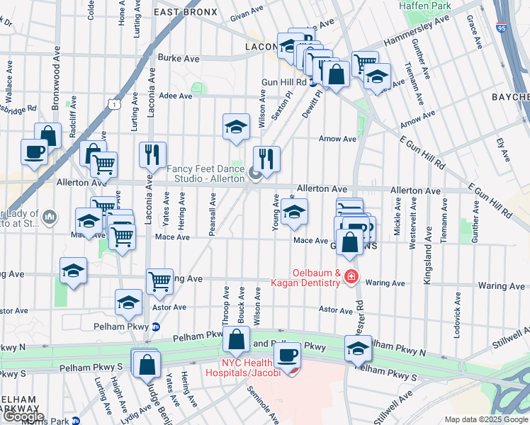 map of restaurants, bars, coffee shops, grocery stores, and more near 2559 Wilson Avenue in Bronx
