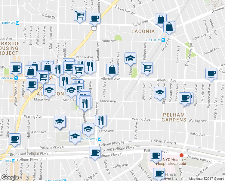 map of restaurants, bars, coffee shops, grocery stores, and more near 2551 Hering Avenue in Bronx