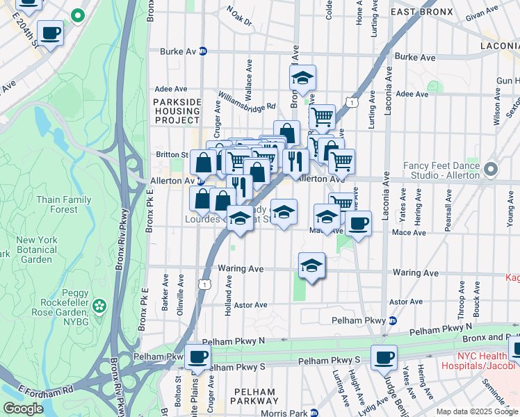 map of restaurants, bars, coffee shops, grocery stores, and more near 2538 Barnes Avenue in Bronx