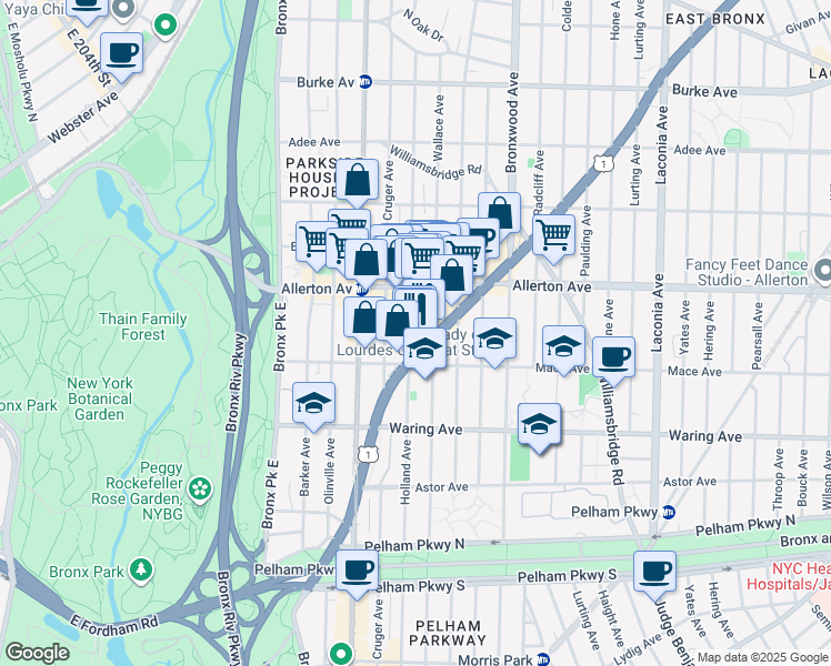 map of restaurants, bars, coffee shops, grocery stores, and more near 2513 Wallace Avenue in Bronx