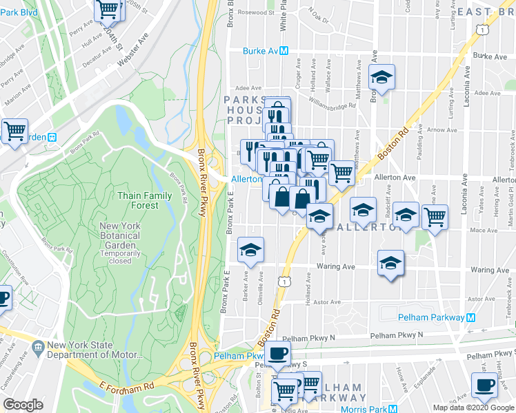 map of restaurants, bars, coffee shops, grocery stores, and more near 2540 Barker Avenue in Bronx