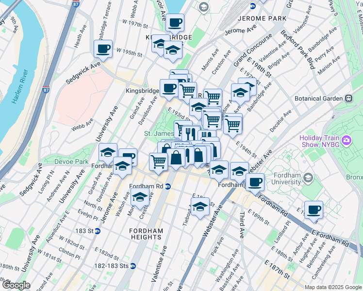 map of restaurants, bars, coffee shops, grocery stores, and more near 2585 Grand Concourse in Bronx