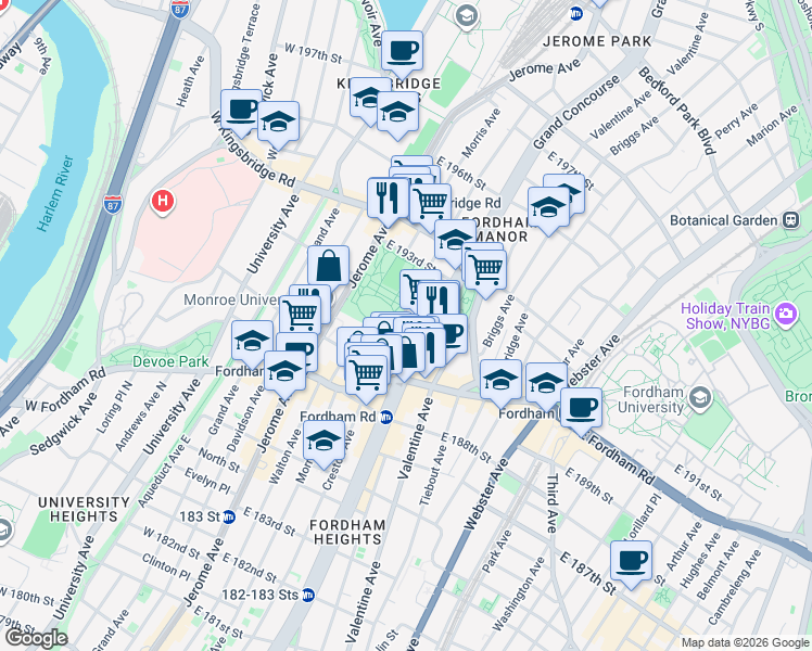 map of restaurants, bars, coffee shops, grocery stores, and more near 2558 Creston Avenue in Bronx