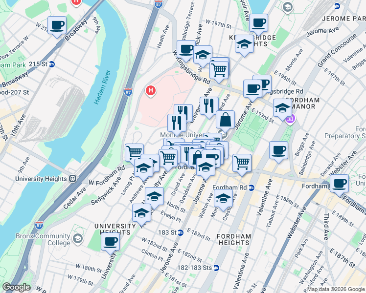 map of restaurants, bars, coffee shops, grocery stores, and more near 2460 University Avenue in The Bronx