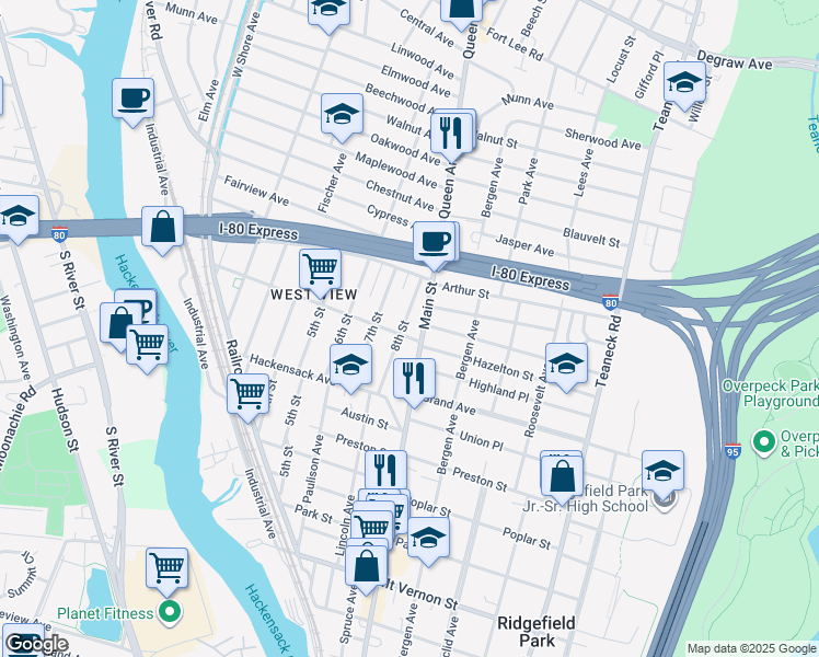 map of restaurants, bars, coffee shops, grocery stores, and more near 398 Main Street in Ridgefield Park