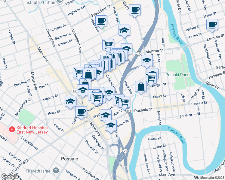 map of restaurants, bars, coffee shops, grocery stores, and more near 110 Madison Street in Passaic