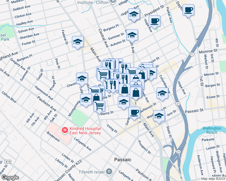 map of restaurants, bars, coffee shops, grocery stores, and more near 791 Main Avenue in Passaic