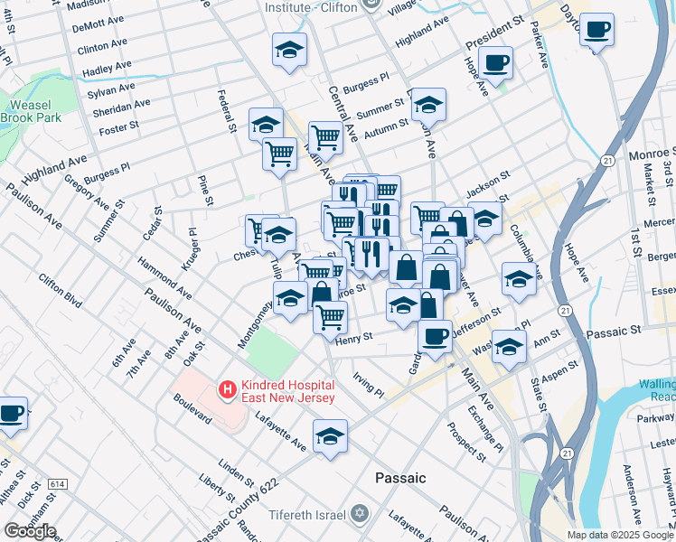 map of restaurants, bars, coffee shops, grocery stores, and more near 178 Grove Street in Passaic