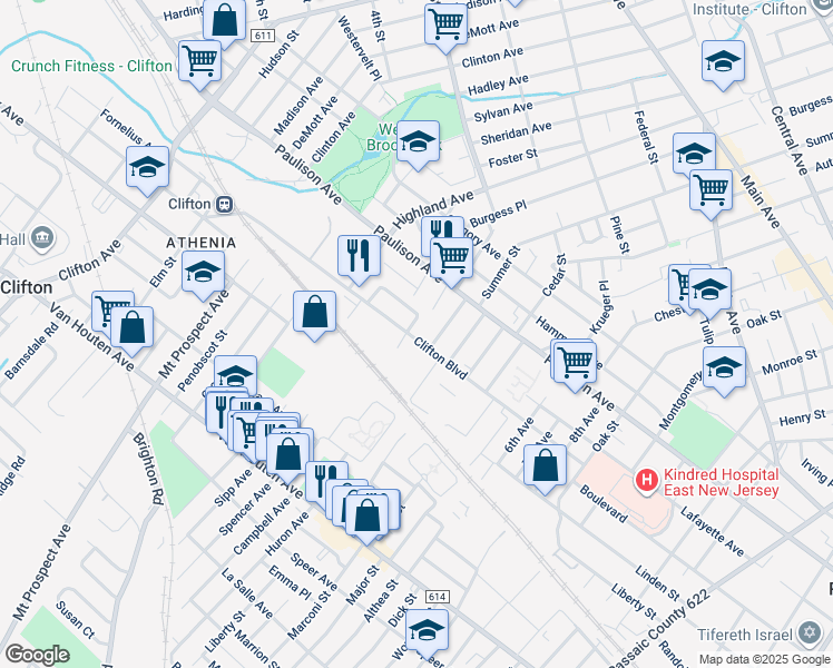 map of restaurants, bars, coffee shops, grocery stores, and more near 116 Clifton Boulevard in Clifton
