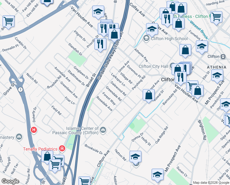 map of restaurants, bars, coffee shops, grocery stores, and more near 48 Greendale Road in Clifton