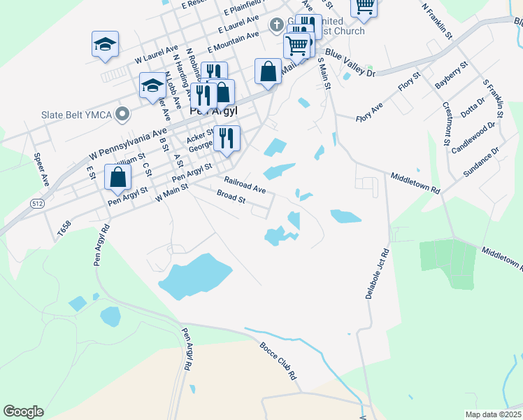 map of restaurants, bars, coffee shops, grocery stores, and more near 519 Broad Street in Pen Argyl