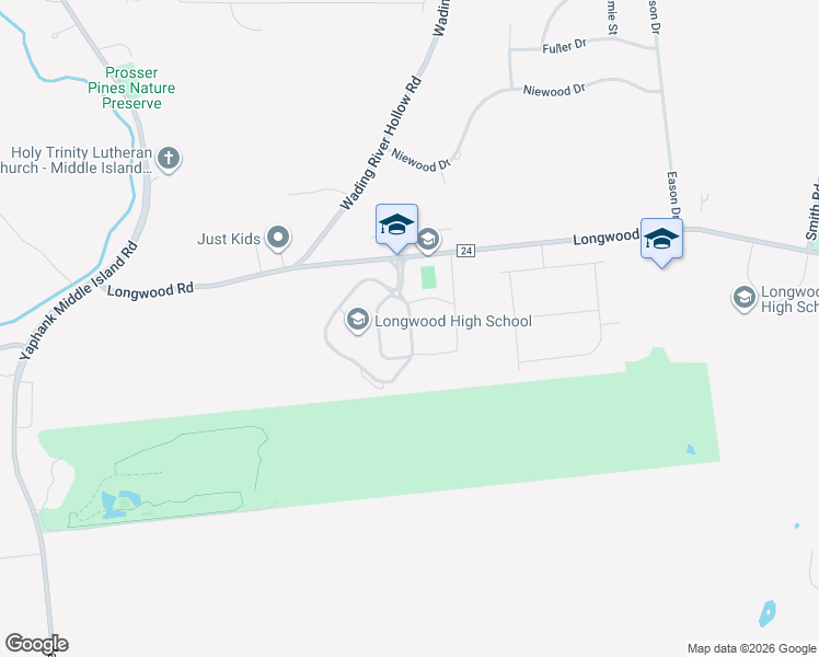 map of restaurants, bars, coffee shops, grocery stores, and more near 100 Longwood Road in Middle Island