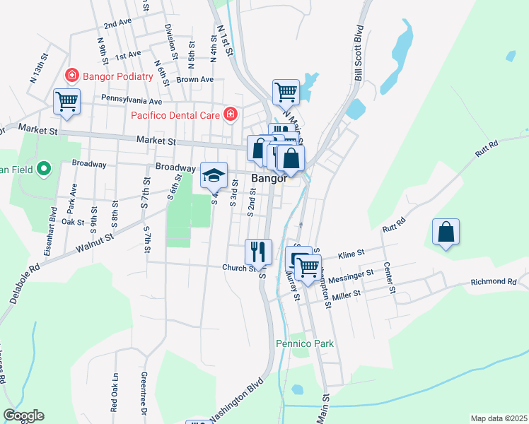 map of restaurants, bars, coffee shops, grocery stores, and more near 238 South 1st Street in Bangor
