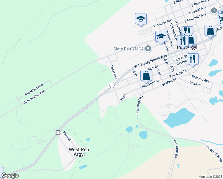 map of restaurants, bars, coffee shops, grocery stores, and more near 929 George Street in Pen Argyl