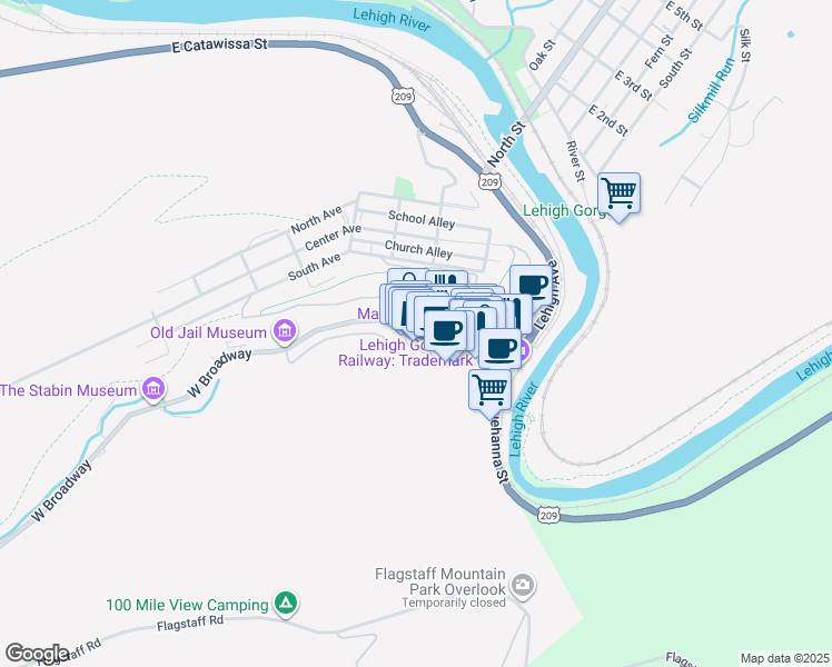 map of restaurants, bars, coffee shops, grocery stores, and more near 104 Broadway in Jim Thorpe
